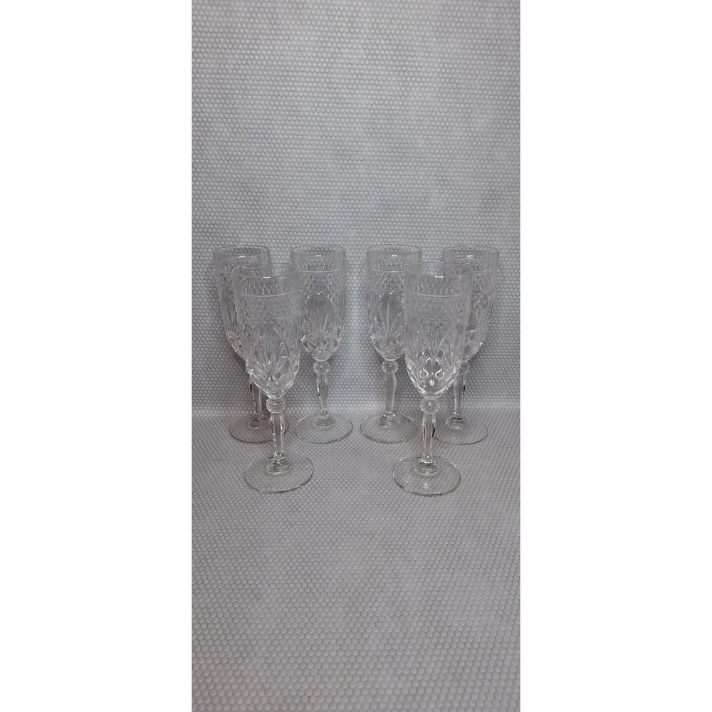SET OF 6 CRISTAL D'ARQUES-DURAND ANTIQUE CLEAR KNOB‎ STEM CHAMPAGNE FLUTES GLASS